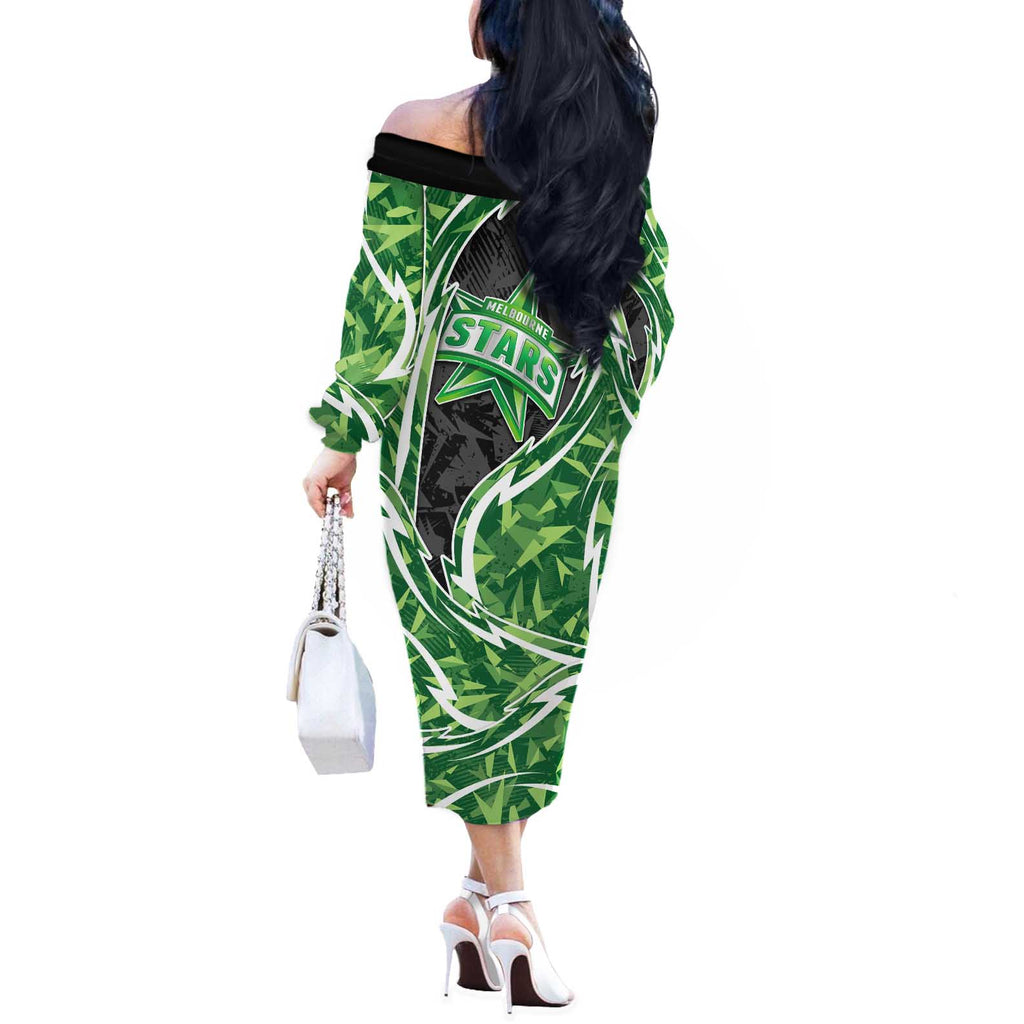 Melbourne Stars Off The Shoulder Long Sleeve Dress Flaming Lightning Storm Geometric Sports Mascot Art