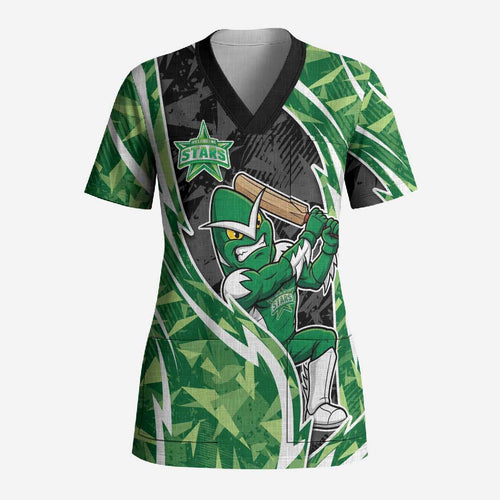 Melbourne Stars Scrub Top Flaming Lightning Storm Geometric Sports Mascot Art