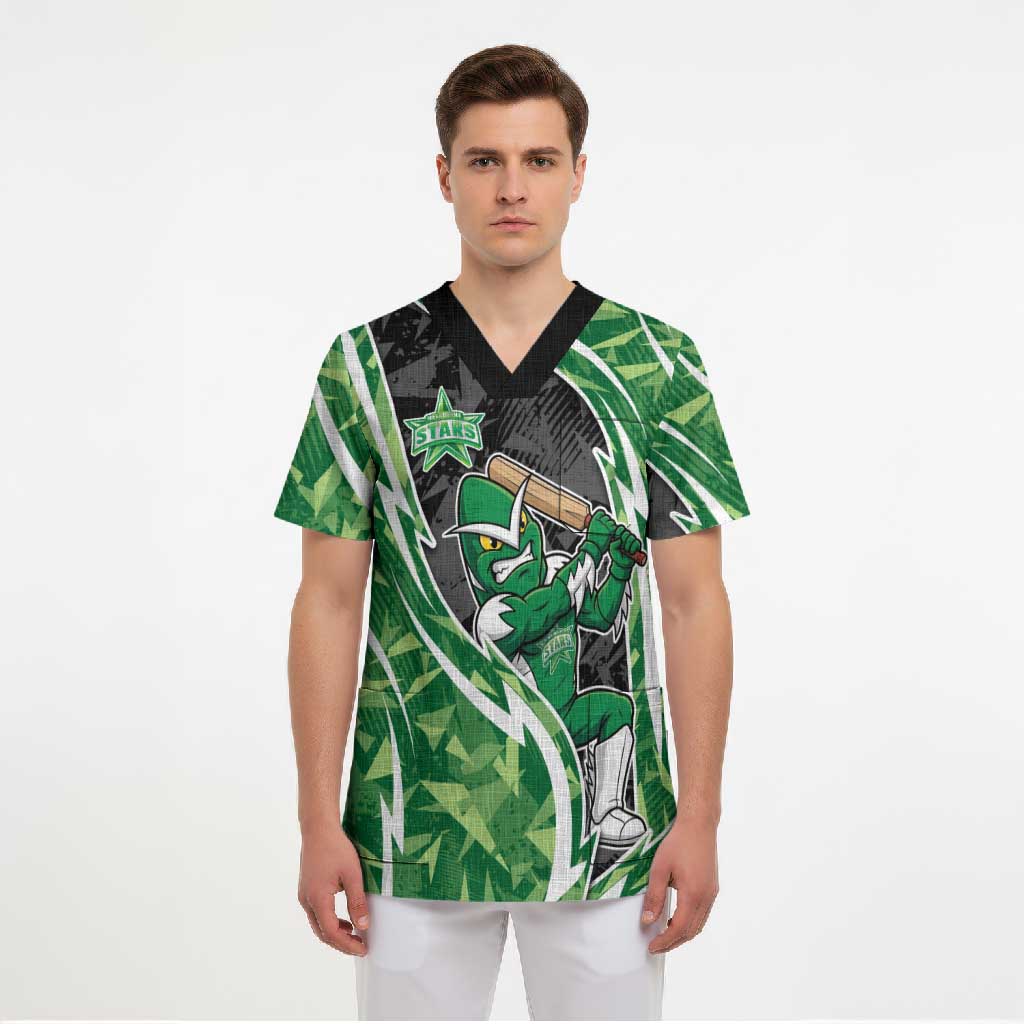 Melbourne Stars Scrub Top Flaming Lightning Storm Geometric Sports Mascot Art