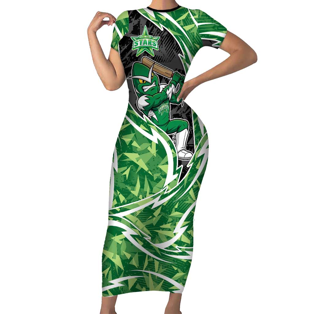 Melbourne Stars Short Sleeve Bodycon Dress Flaming Lightning Storm Geometric Sports Mascot Art