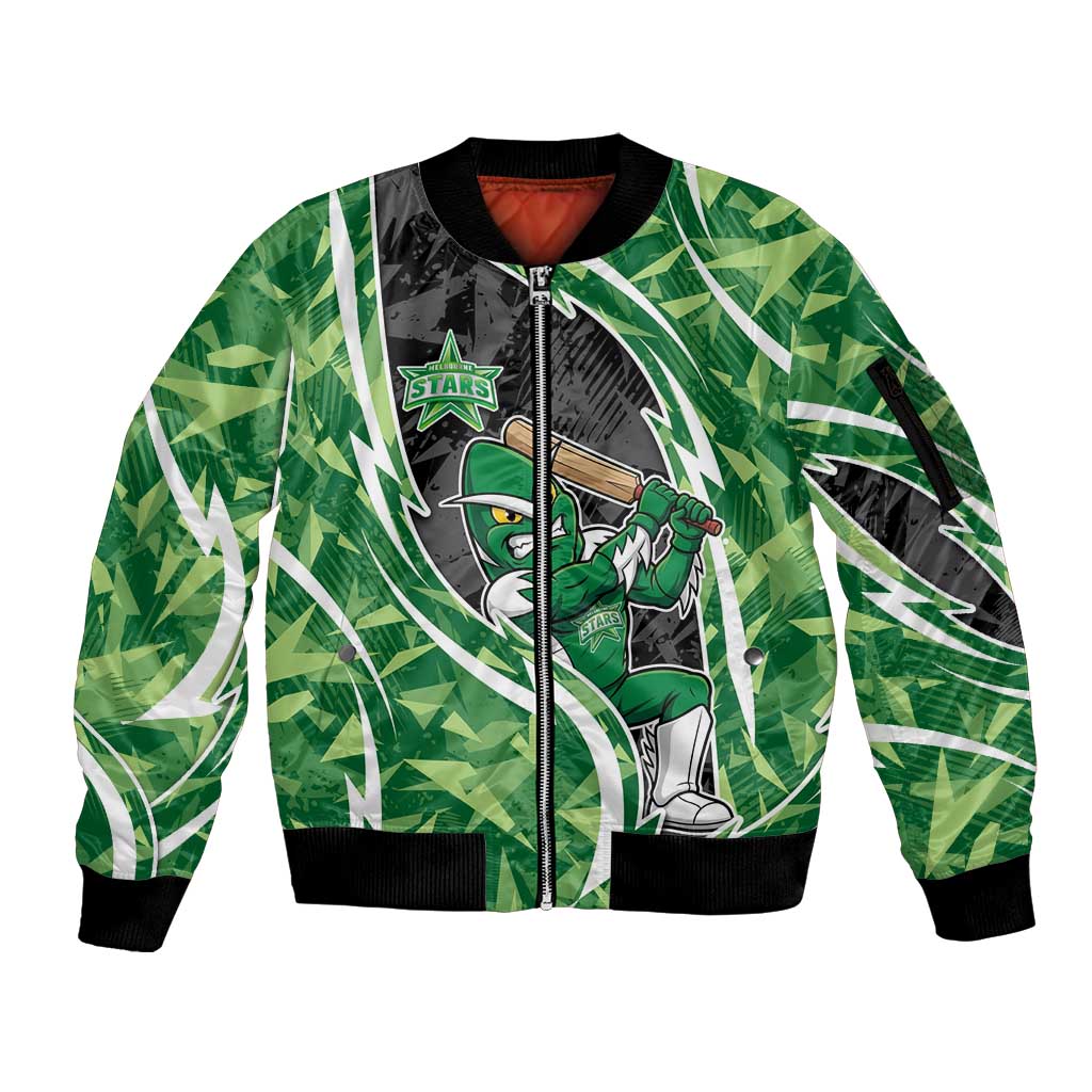 Melbourne Stars Sleeve Zip Bomber Jacket Flaming Lightning Storm Geometric Sports Mascot Art