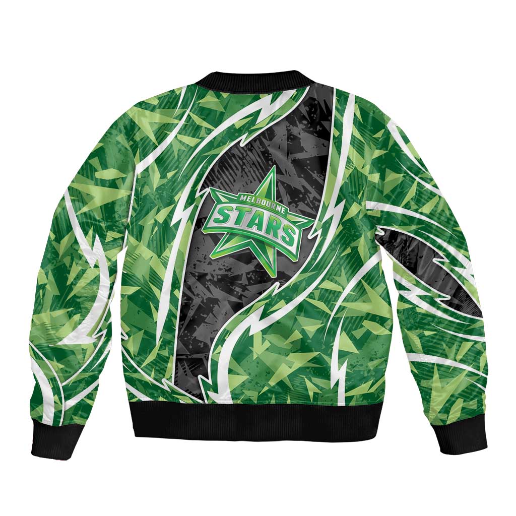 Melbourne Stars Sleeve Zip Bomber Jacket Flaming Lightning Storm Geometric Sports Mascot Art