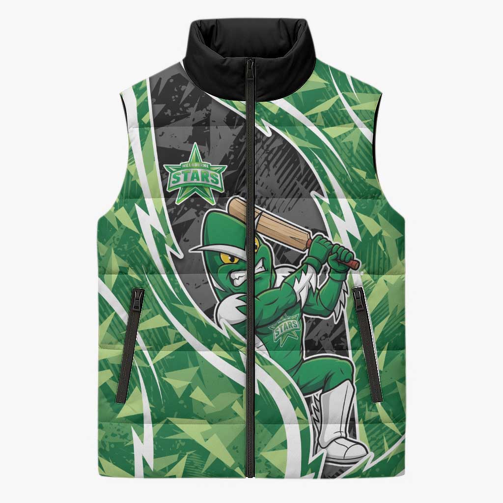 Melbourne Stars Sleeveless Puffer Jacket Flaming Lightning Storm Geometric Sports Mascot Art