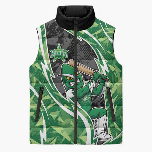 Melbourne Stars Sleeveless Puffer Jacket Flaming Lightning Storm Geometric Sports Mascot Art