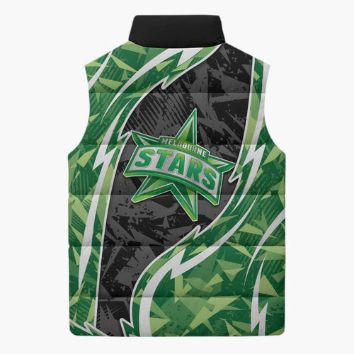 Melbourne Stars Sleeveless Puffer Jacket Flaming Lightning Storm Geometric Sports Mascot Art