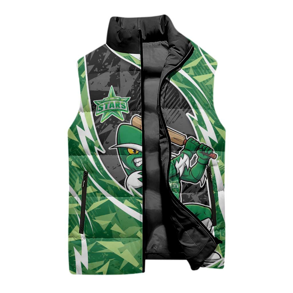 Melbourne Stars Sleeveless Puffer Jacket Flaming Lightning Storm Geometric Sports Mascot Art