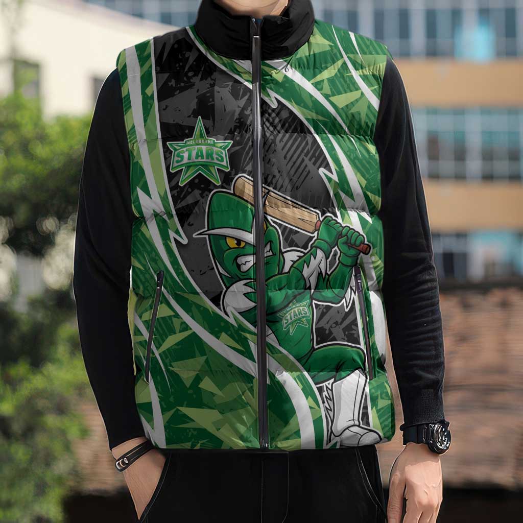 Melbourne Stars Sleeveless Puffer Jacket Flaming Lightning Storm Geometric Sports Mascot Art