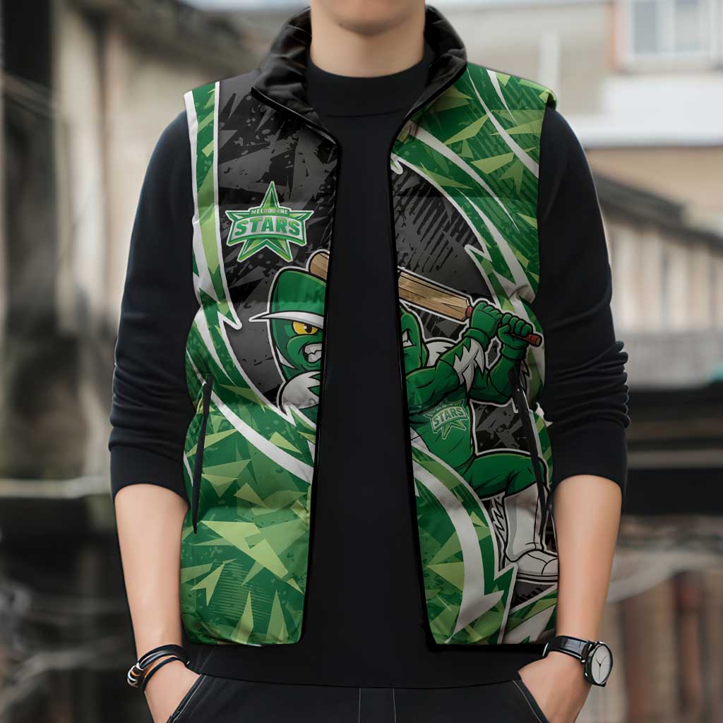 Melbourne Stars Sleeveless Puffer Jacket Flaming Lightning Storm Geometric Sports Mascot Art