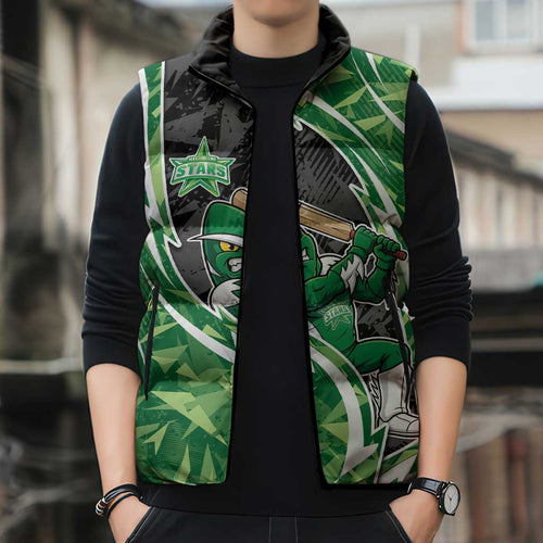 Melbourne Stars Sleeveless Puffer Jacket Flaming Lightning Storm Geometric Sports Mascot Art