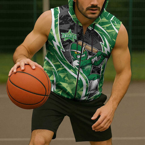 Melbourne Stars Sleeveless Zip Hoodie Flaming Lightning Storm Geometric Sports Mascot Art