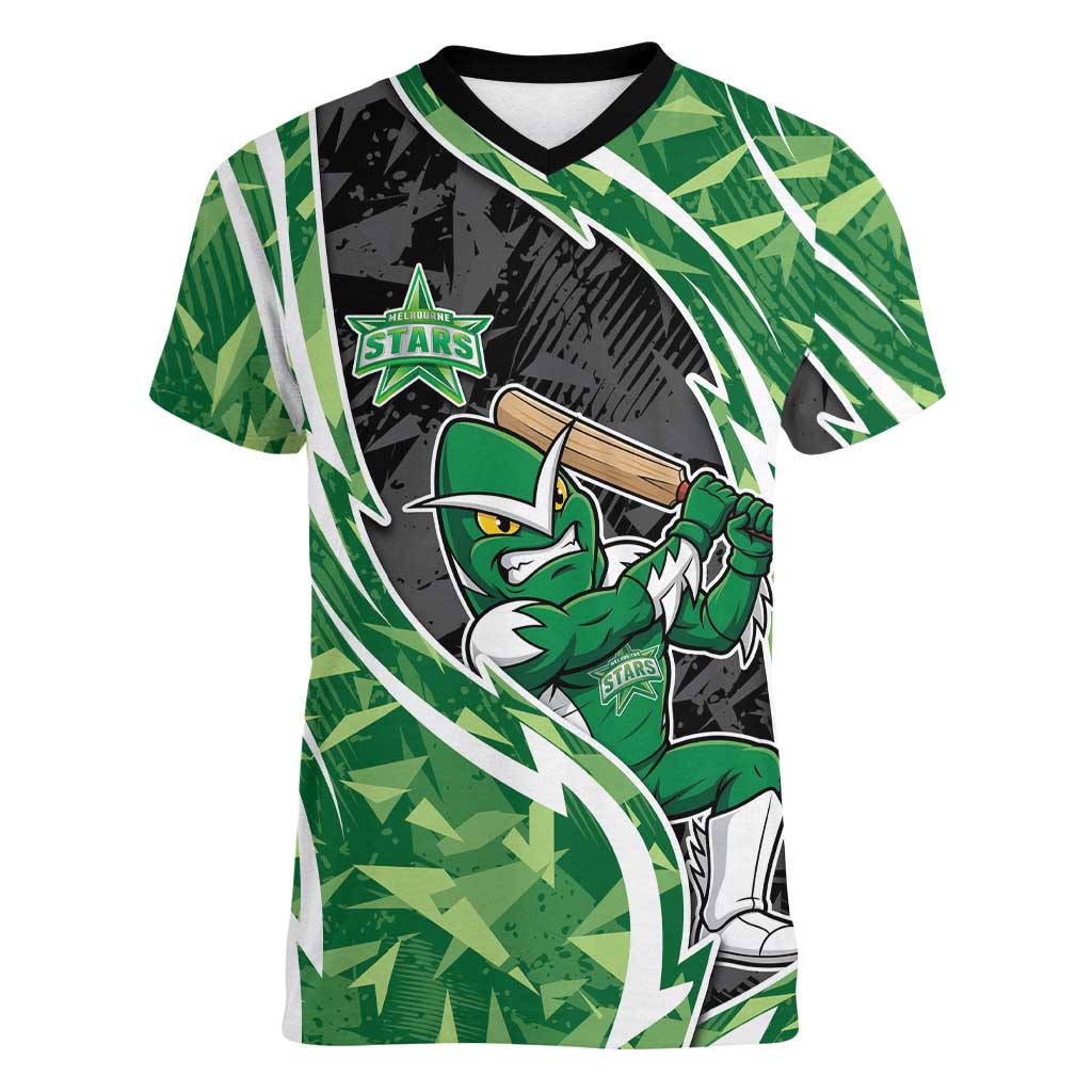 Melbourne Stars Women V-Neck T-Shirt Flaming Lightning Storm Geometric Sports Mascot Art