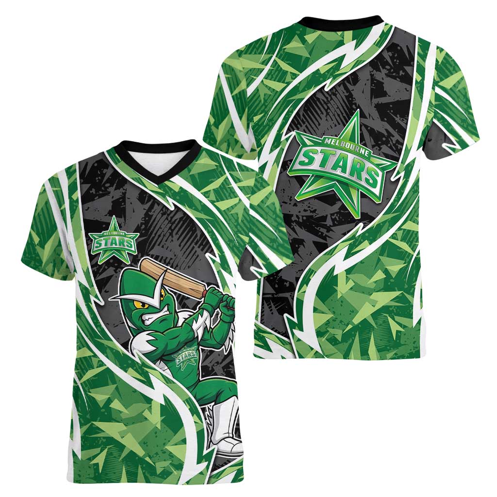Melbourne Stars Women V-Neck T-Shirt Flaming Lightning Storm Geometric Sports Mascot Art