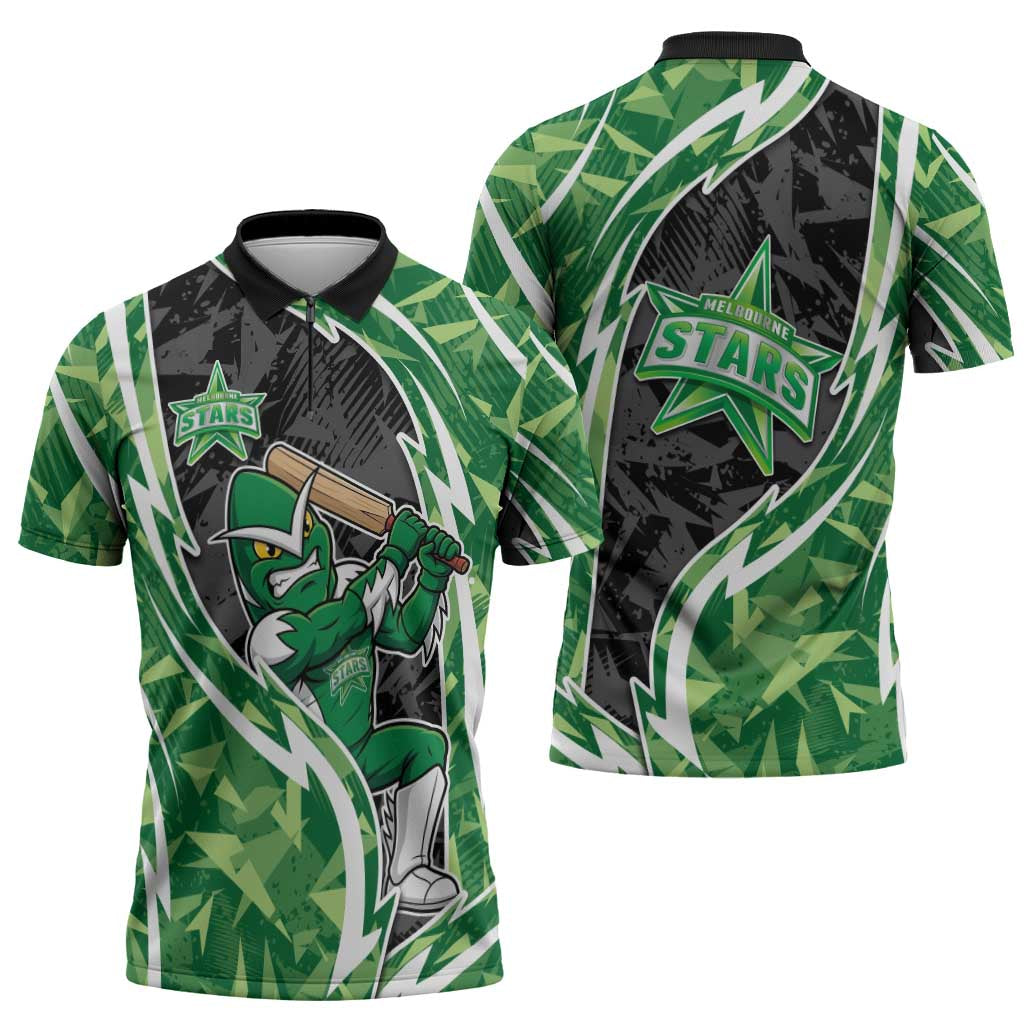 Melbourne Stars Zipper Polo Shirt Flaming Lightning Storm Geometric Sports Mascot Art