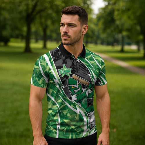 Melbourne Stars Zipper Polo Shirt Flaming Lightning Storm Geometric Sports Mascot Art