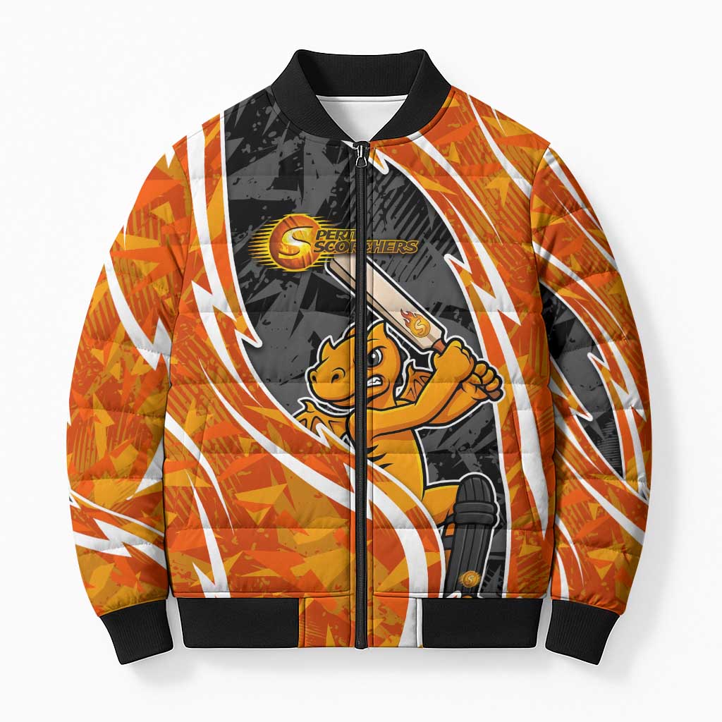 Perth Scorchers Bomber Puffer Jacket Flaming Lightning Storm Geometric Sports Mascot Art