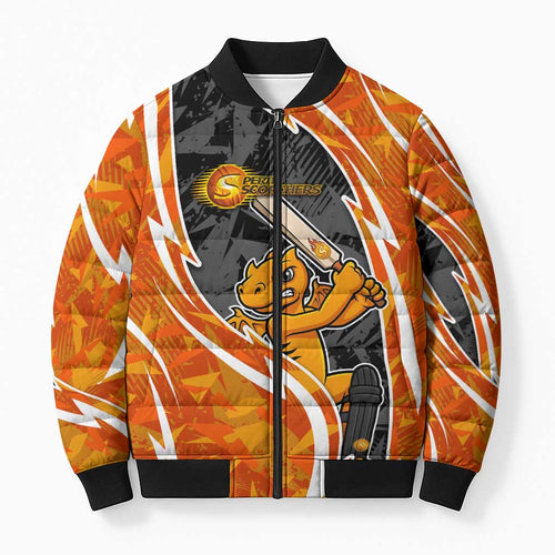 Perth Scorchers Bomber Puffer Jacket Flaming Lightning Storm Geometric Sports Mascot Art