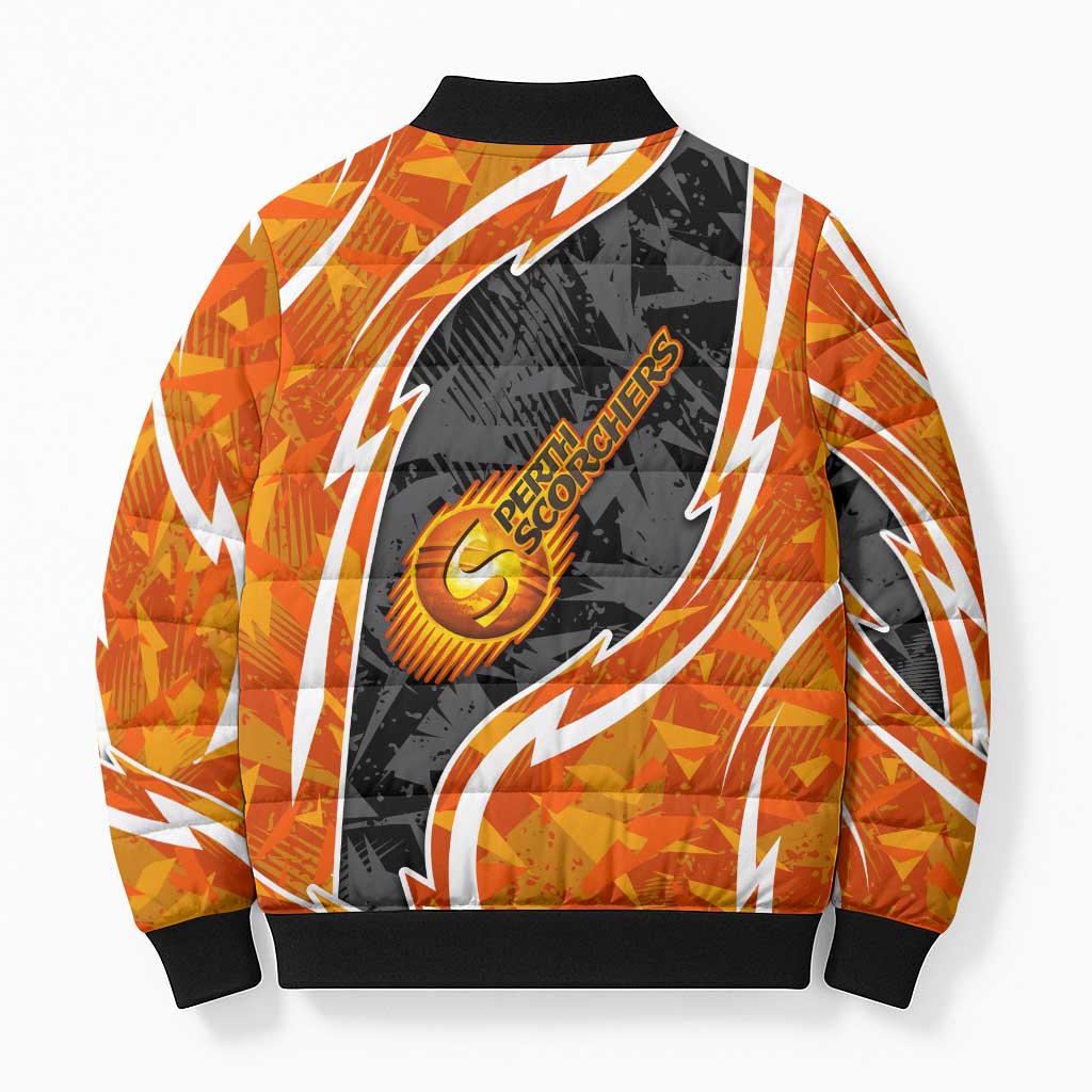 Perth Scorchers Bomber Puffer Jacket Flaming Lightning Storm Geometric Sports Mascot Art