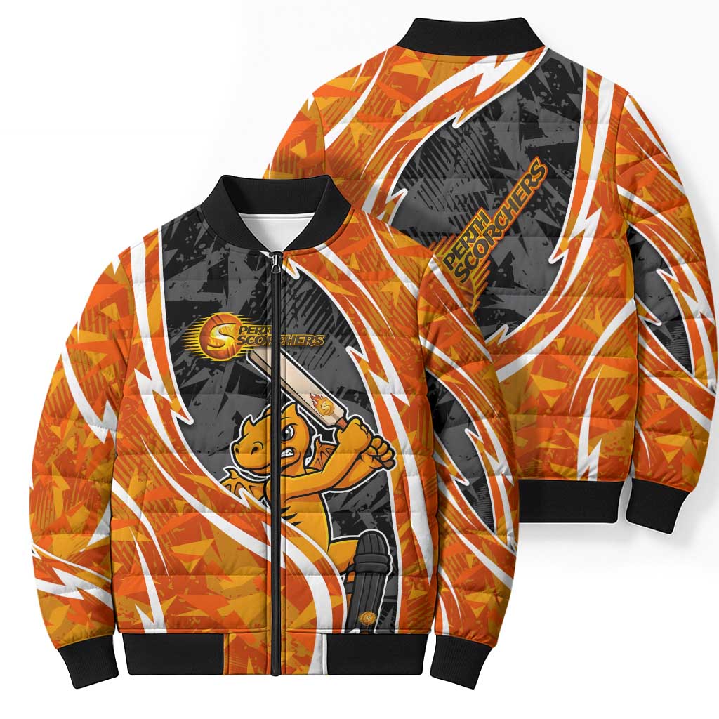 Perth Scorchers Bomber Puffer Jacket Flaming Lightning Storm Geometric Sports Mascot Art