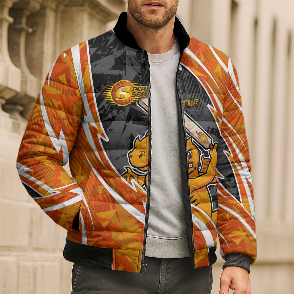 Perth Scorchers Bomber Puffer Jacket Flaming Lightning Storm Geometric Sports Mascot Art