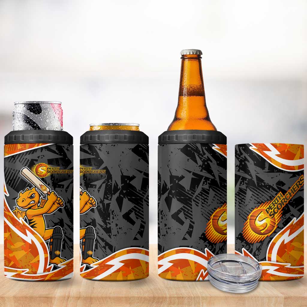 Perth Scorchers 4 in 1 Can Cooler Tumbler Flaming Lightning Storm Geometric Sports Mascot Art