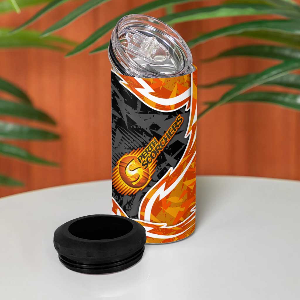 Perth Scorchers 4 in 1 Can Cooler Tumbler Flaming Lightning Storm Geometric Sports Mascot Art