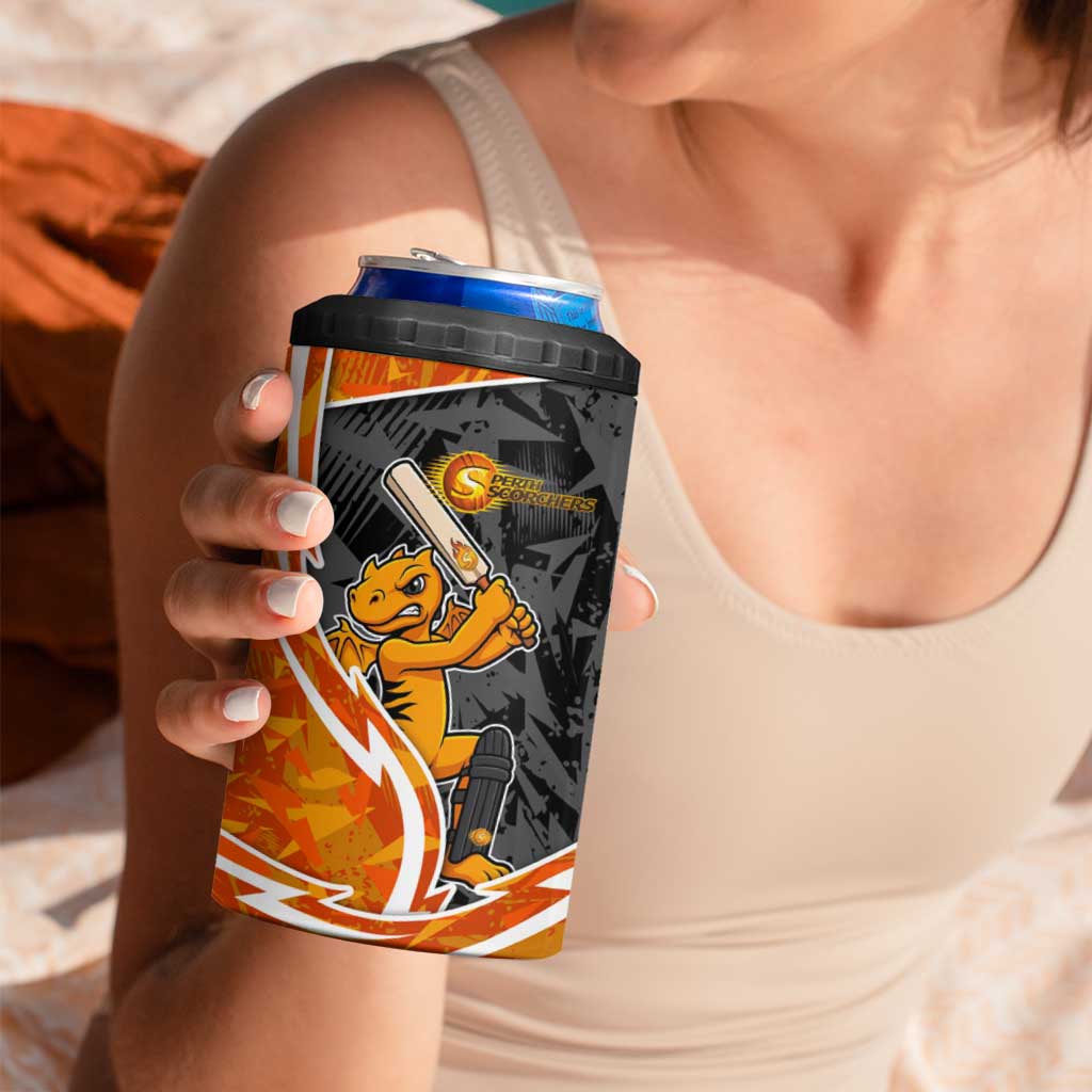 Perth Scorchers 4 in 1 Can Cooler Tumbler Flaming Lightning Storm Geometric Sports Mascot Art