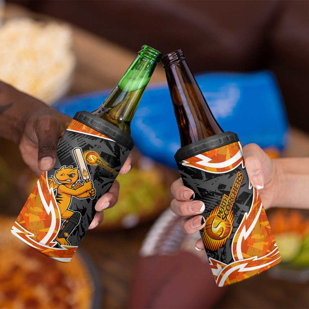 Perth Scorchers 4 in 1 Can Cooler Tumbler Flaming Lightning Storm Geometric Sports Mascot Art