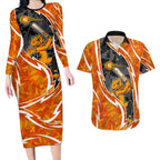 Perth Scorchers Couples Matching Long Sleeve Bodycon Dress and Hawaiian Shirt Flaming Lightning Storm Geometric Sports Mascot Art