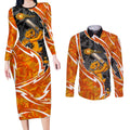 Perth Scorchers Couples Matching Long Sleeve Bodycon Dress and Long Sleeve Button Shirt Flaming Lightning Storm Geometric Sports Mascot Art