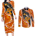 Perth Scorchers Couples Matching Long Sleeve Bodycon Dress and Long Sleeve Button Shirt Flaming Lightning Storm Geometric Sports Mascot Art