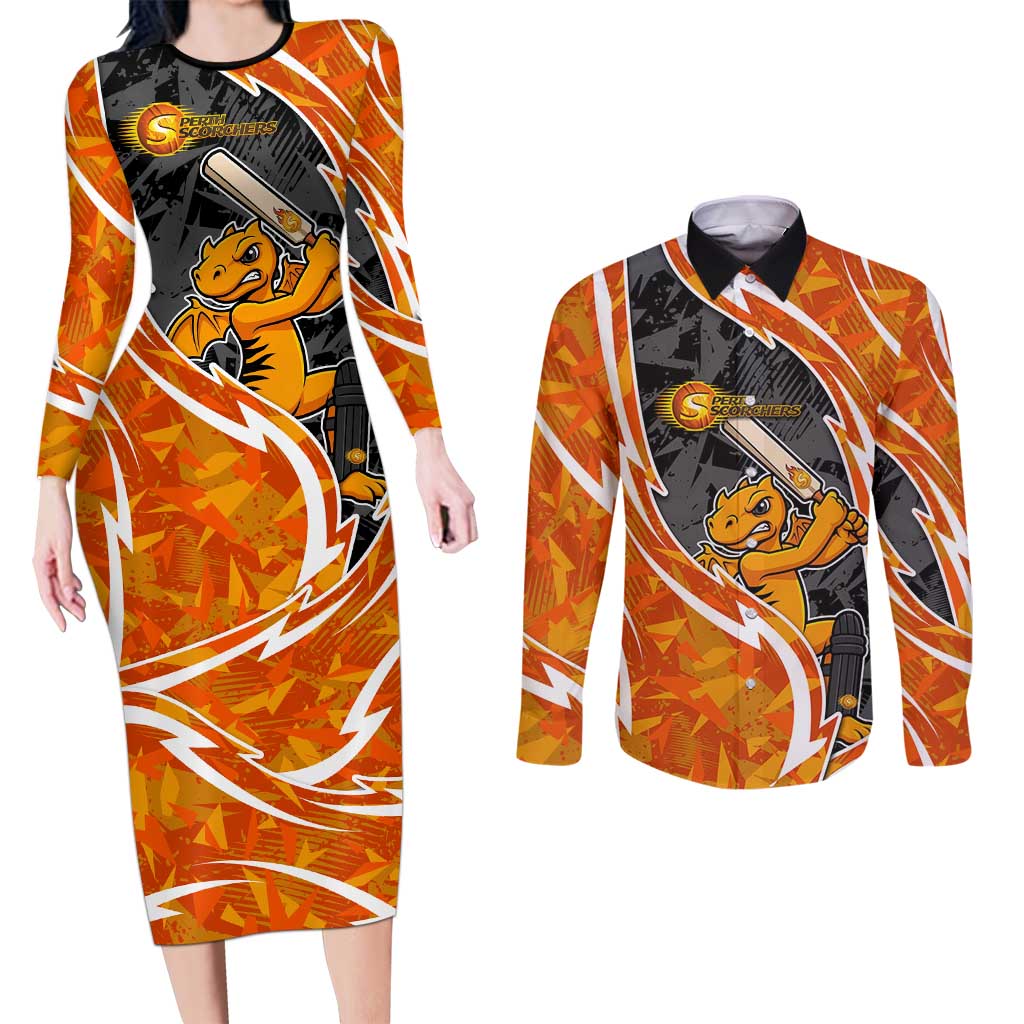 Perth Scorchers Couples Matching Long Sleeve Bodycon Dress and Long Sleeve Button Shirt Flaming Lightning Storm Geometric Sports Mascot Art