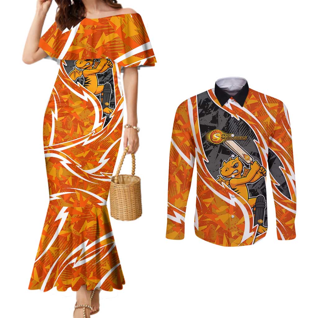 Perth Scorchers Couples Matching Mermaid Dress and Long Sleeve Button Shirt Flaming Lightning Storm Geometric Sports Mascot Art