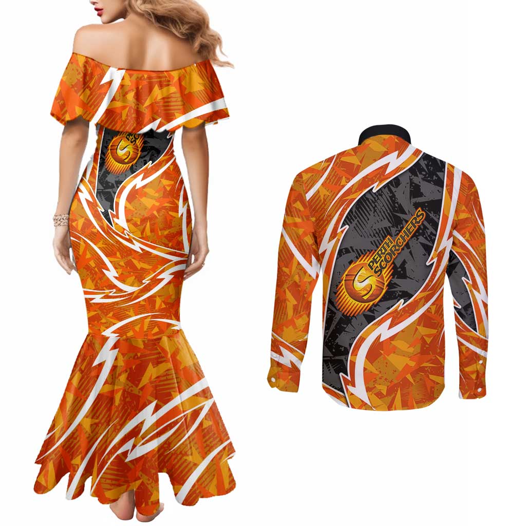 Perth Scorchers Couples Matching Mermaid Dress and Long Sleeve Button Shirt Flaming Lightning Storm Geometric Sports Mascot Art