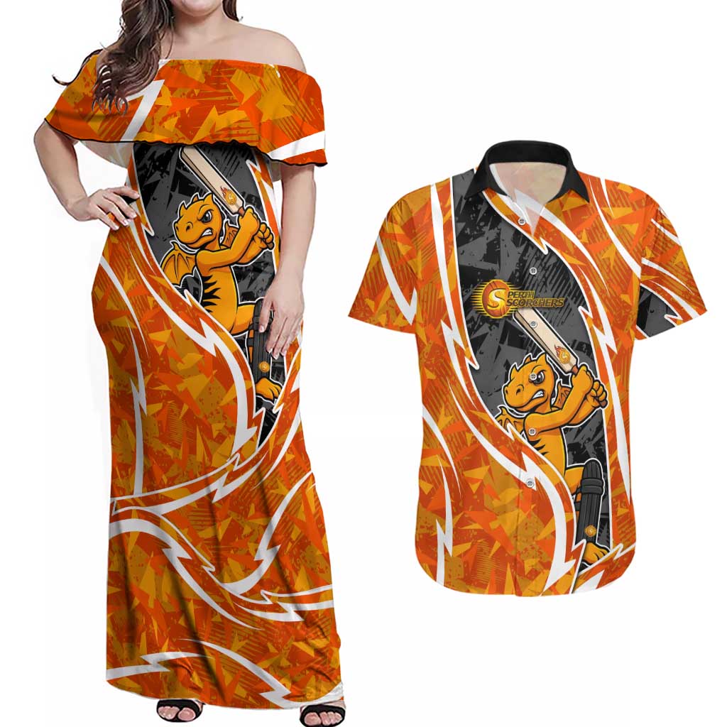 Perth Scorchers Couples Matching Off Shoulder Maxi Dress and Hawaiian Shirt Flaming Lightning Storm Geometric Sports Mascot Art