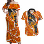 Perth Scorchers Couples Matching Off Shoulder Maxi Dress and Hawaiian Shirt Flaming Lightning Storm Geometric Sports Mascot Art
