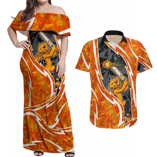 Perth Scorchers Couples Matching Off Shoulder Maxi Dress and Hawaiian Shirt Flaming Lightning Storm Geometric Sports Mascot Art