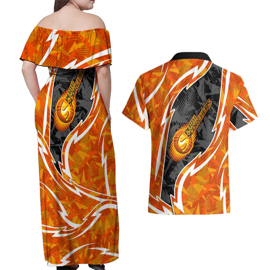 Perth Scorchers Couples Matching Off Shoulder Maxi Dress and Hawaiian Shirt Flaming Lightning Storm Geometric Sports Mascot Art