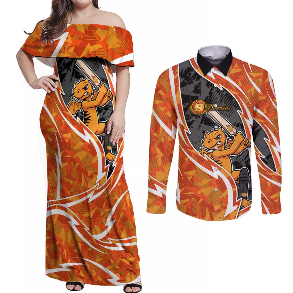 Perth Scorchers Couples Matching Off Shoulder Maxi Dress and Long Sleeve Button Shirt Flaming Lightning Storm Geometric Sports Mascot Art