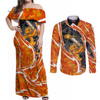 Perth Scorchers Couples Matching Off Shoulder Maxi Dress and Long Sleeve Button Shirt Flaming Lightning Storm Geometric Sports Mascot Art