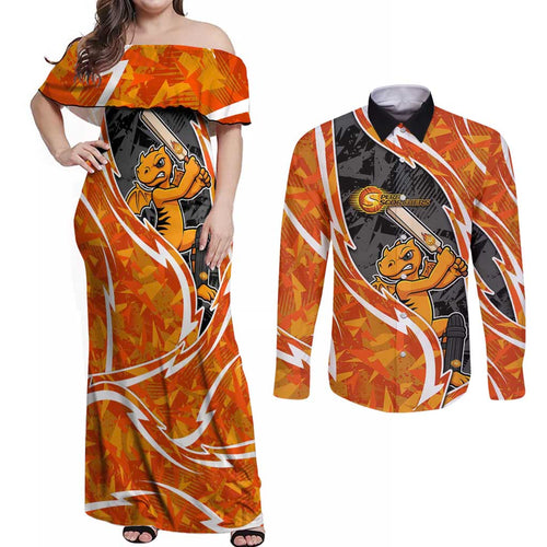 Perth Scorchers Couples Matching Off Shoulder Maxi Dress and Long Sleeve Button Shirt Flaming Lightning Storm Geometric Sports Mascot Art