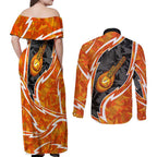 Perth Scorchers Couples Matching Off Shoulder Maxi Dress and Long Sleeve Button Shirt Flaming Lightning Storm Geometric Sports Mascot Art