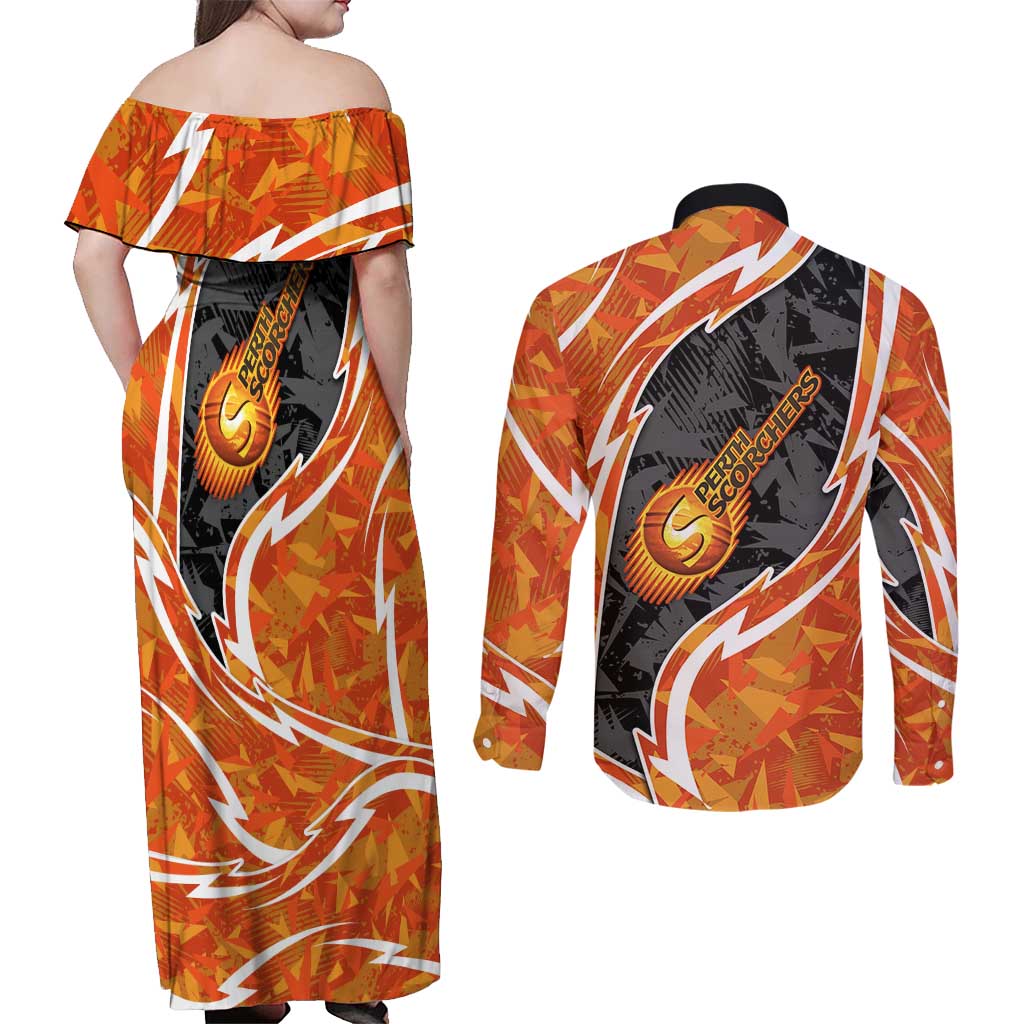 Perth Scorchers Couples Matching Off Shoulder Maxi Dress and Long Sleeve Button Shirt Flaming Lightning Storm Geometric Sports Mascot Art