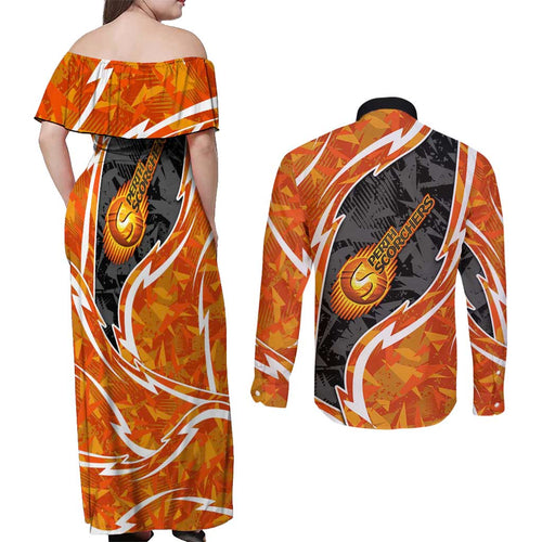 Perth Scorchers Couples Matching Off Shoulder Maxi Dress and Long Sleeve Button Shirt Flaming Lightning Storm Geometric Sports Mascot Art