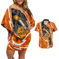 Perth Scorchers Couples Matching Off Shoulder Short Dress and Hawaiian Shirt Flaming Lightning Storm Geometric Sports Mascot Art
