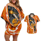 Perth Scorchers Couples Matching Off Shoulder Short Dress and Hawaiian Shirt Flaming Lightning Storm Geometric Sports Mascot Art