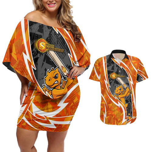 Perth Scorchers Couples Matching Off Shoulder Short Dress and Hawaiian Shirt Flaming Lightning Storm Geometric Sports Mascot Art