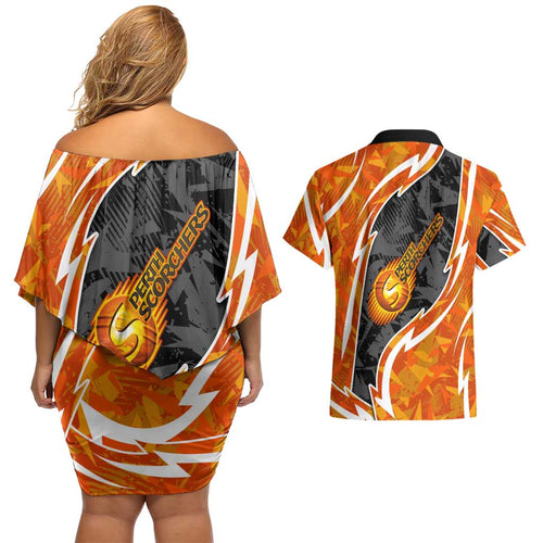 Perth Scorchers Couples Matching Off Shoulder Short Dress and Hawaiian Shirt Flaming Lightning Storm Geometric Sports Mascot Art