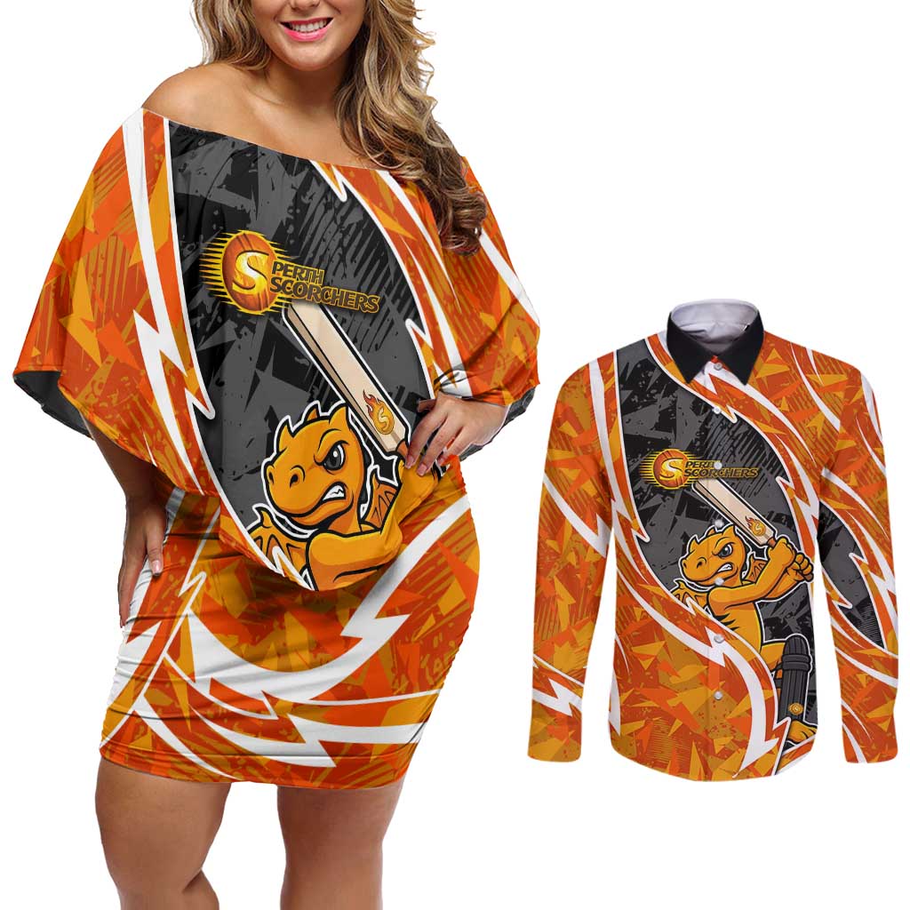 Perth Scorchers Couples Matching Off Shoulder Short Dress and Long Sleeve Button Shirt Flaming Lightning Storm Geometric Sports Mascot Art