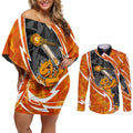 Perth Scorchers Couples Matching Off Shoulder Short Dress and Long Sleeve Button Shirt Flaming Lightning Storm Geometric Sports Mascot Art