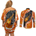 Perth Scorchers Couples Matching Off Shoulder Short Dress and Long Sleeve Button Shirt Flaming Lightning Storm Geometric Sports Mascot Art